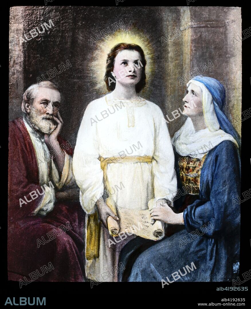 A hand coloured magic lantern slide circa 1900. The home at Nazareth,Jesus,Mary and Joseph.