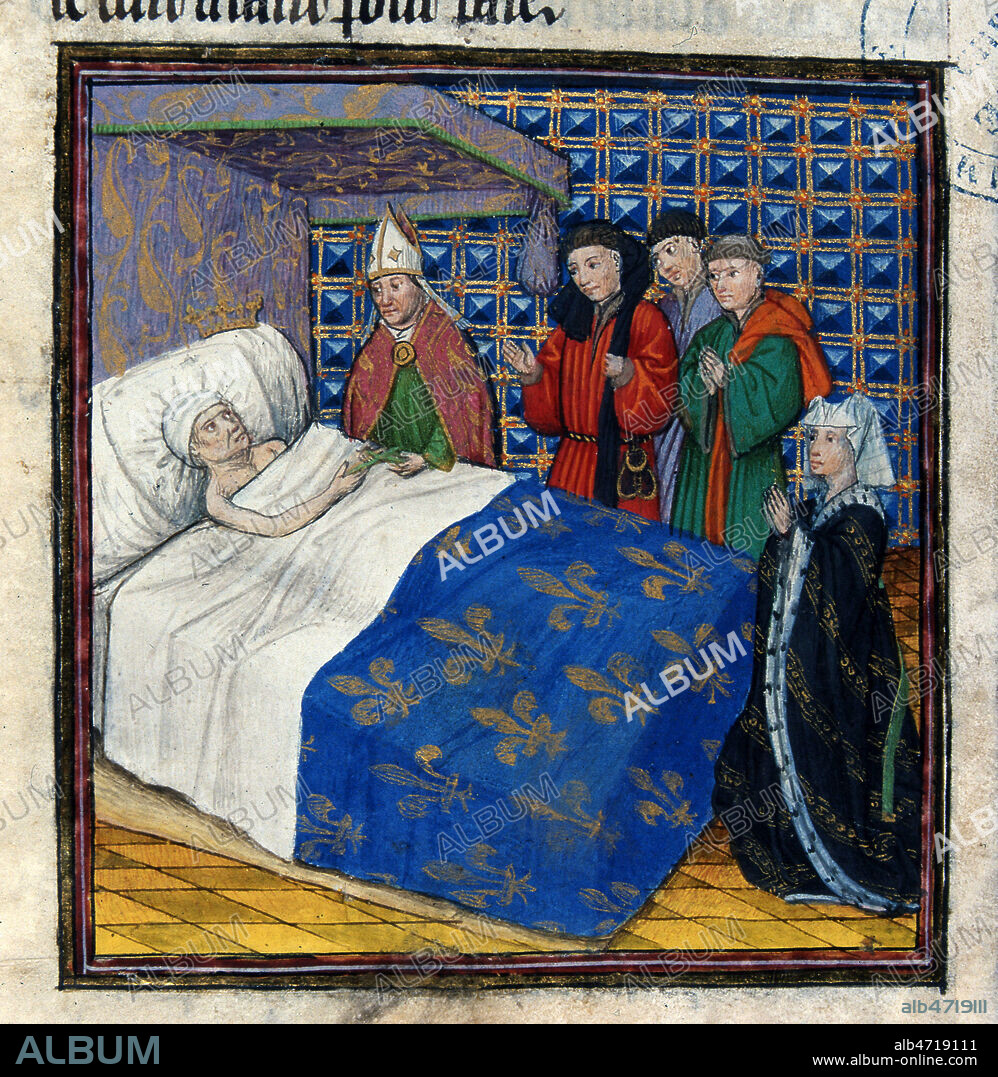 Roi de France mourrant dans un lit, peut etre bien LOUIS VII , un pape et divers personnages dont sa femme a son chevet. Enluminure tiree de l'ouvrage de Guillaume de TYR (1130-1185) 'Histoire d'outre-mer', datant du 15eme s. Manuscrit medieval conserve a la bibliotheque municipale d'Amiens. Ms 483 f°238. Credit : Collection JEAN VIGNE/ KHARBINE-TAPABOR.
