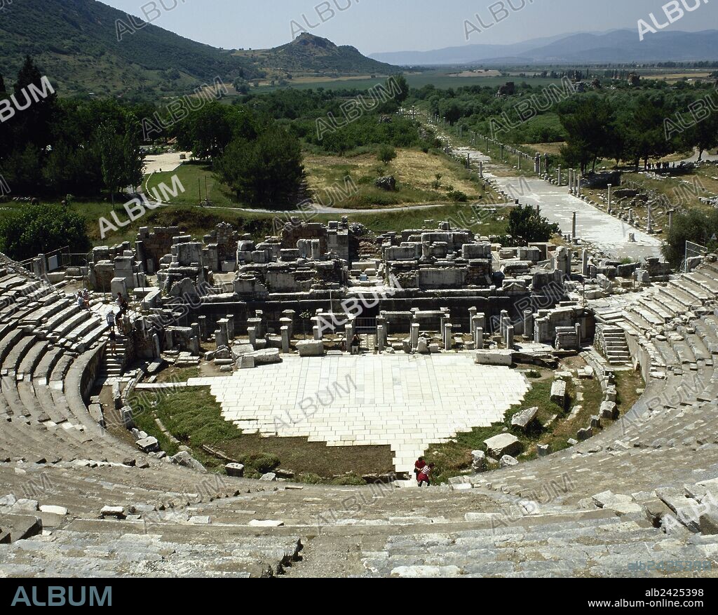 Turkey. Ephesus. Ancient Greek city on the coast of Ionia. The Great Theatre. It was first constructed in Hellenistic period, 3rd century BC. Remodeled during Roman period. Panoramic view of the orchestra, proscenium and skene. Anatolia.