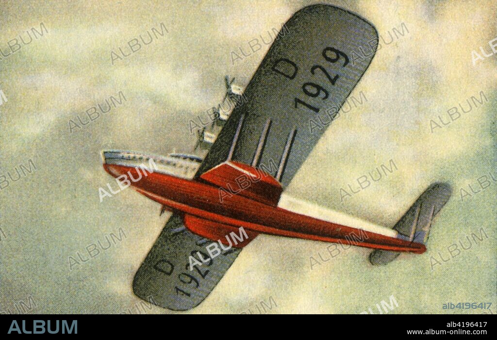 Dornier Do X I flying boat, 1920s, (1932). The Dornier Do X, produced by the Dornier company of Germany in 1929, was the largest, heaviest, and most powerful flying boat in the world at the time. From "Die Eroberung Der Luft", (The Conquest of the Air), cigarette card album produced by the Garbáty cigarette factory, 1932. Eugene and Moritz Garbáty, who were Jewish, were driven out of business by the Nazis in the late 1930s, and forced to sell their factory which lay empty for over 70 years. [Garbaty Cigarettenfabrik, Berlin-Pankow, 1932].
