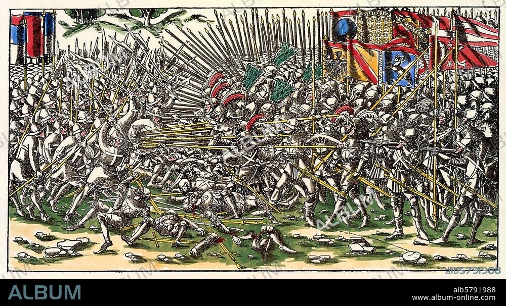 Krieg der schweizerischen Eidgenossenschaft gegen Österreich:. Sieg über das Ritterheer Leopolds III. von Österreich in der Schlacht bei Sempach am 9. Juli 1386. Holzschnitt von Niklaus Manuel Deutsch. (um 1484 - 1530). Spätere Kolorierung.