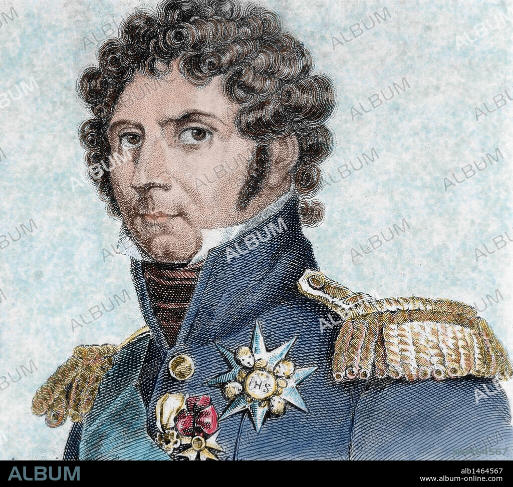 Charles XIV John of Sweden (1764-1844). French soldier named Jean Baptiste Bernadotte, afterwards King of Sweden and Norway (1818-1844). Founder of the current ruling dynasty in Sweden. Colored engraving.