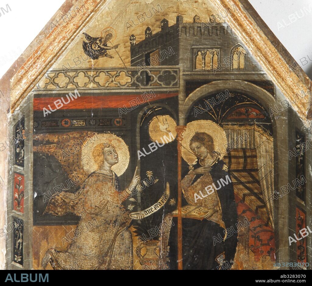 MESTRE DE SANTA COLOMA DE QUERALT. Retablo de san Bartolomé, 1350-1375. Anunciación.Pintura al temple de huevo sobre tabla.  268,5 x 247,5 cm. Procedente de la Catedral de Tarragona. Museo Diocesano de Tarragona.