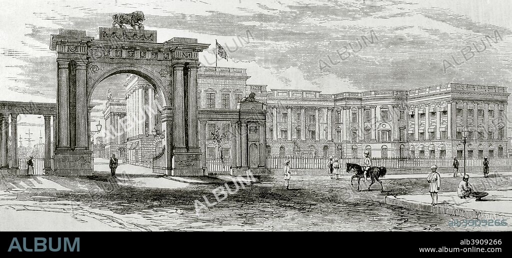 India. Calcuta. Casa del Gobierno (Government House) y Arco del Sudeste. Grabado. La Ilustración Española y Americana, 15 de marzo de 1876. Biblioteca Histórico Militar de Barcelona, Cataluña, España.