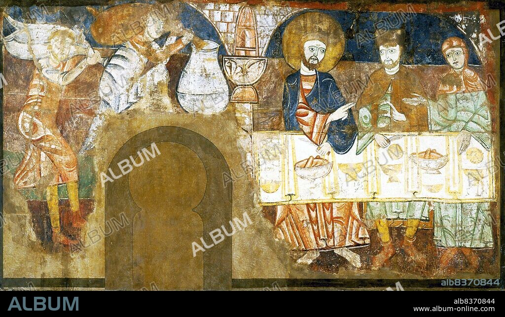 The Hermitage of San Baudelio de Berlanga (Ermita de San Baudelio de Berlanga) is an early 11th-century church at Caltojar in the province of Soria, Spain, 80 km south of Berlanga de Duero. It is an example of Mozarabic architecture and was built in the 11th century, in what was then the frontier between Islamic and Christian lands. It is dedicated to Saint Baudilus or Baudel.<br/><br/>. The hermitage housed many fine Romanesque frescoes from about 1125; most of these have been removed, but some have remained. Two sections, transferred to canvas, are now in the Indianapolis Museum of Art, showing the Entry of Christ into Jerusalem and the Wedding at Cana.<br/><br/>. The paintings were done by the Catalan Master of Tahull (Taüll in Catalan), whose best known works are in Sant Climent de Taüll and the Museu Nacional d'Art de Catalunya in Barcelona, with two other painters. The frescoes include that of a camel and of a war elephant, which were inspired by Muslim motifs.