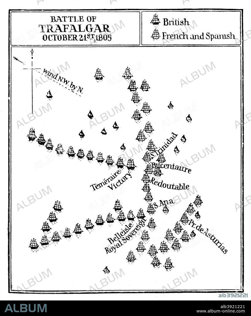 Battle of Trafalgar, 1805. Map showing the battle between the British fleet under Nelson and the French and Spanish. Trafalgar is regarded as Nelson's greatest victory, albeit the one that cost him his life.
