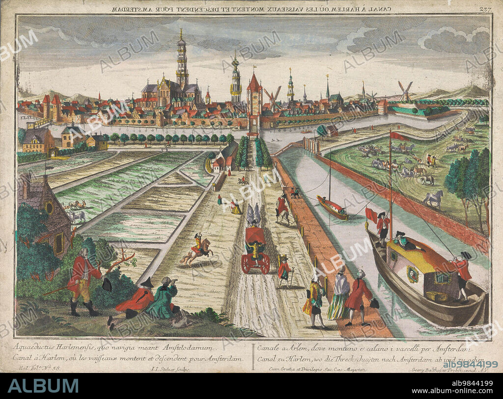 JOHANN JAKOB STELZER. View of the Amsterdam Canal in Haarlem, 1742-1801. Barges on the water. In the background on the left is the Sint-Bavokerk and the Amsterdam Poort in the middle.