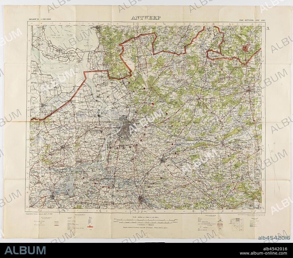 Map - Military, Belgium, Antwerp 3, Scale 1:100,000, 1912, Military map, Belgium, Antwerp, 3 scale 1:100,000. Labelled 'Georgaphical Section General Staff no. 2364', the map was photo-etched at the Ordnance Survey Office, Southampton, England, in 1911, and was drawn and printed at the War Office in 1912. The map was used by Captain Morris Lewis during World War I. Captain Lewis, 44th Battalion, Third Division, First AIF, was born in Wales in 1892 of.