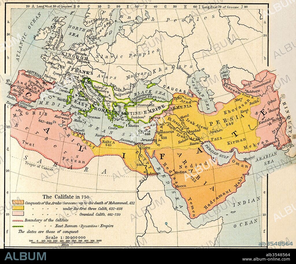 Map of the Muslim expansion and the Byzantine Empire at the end of the Umayyad Caliphate, in 750. From Historical Atlas, published 1923.