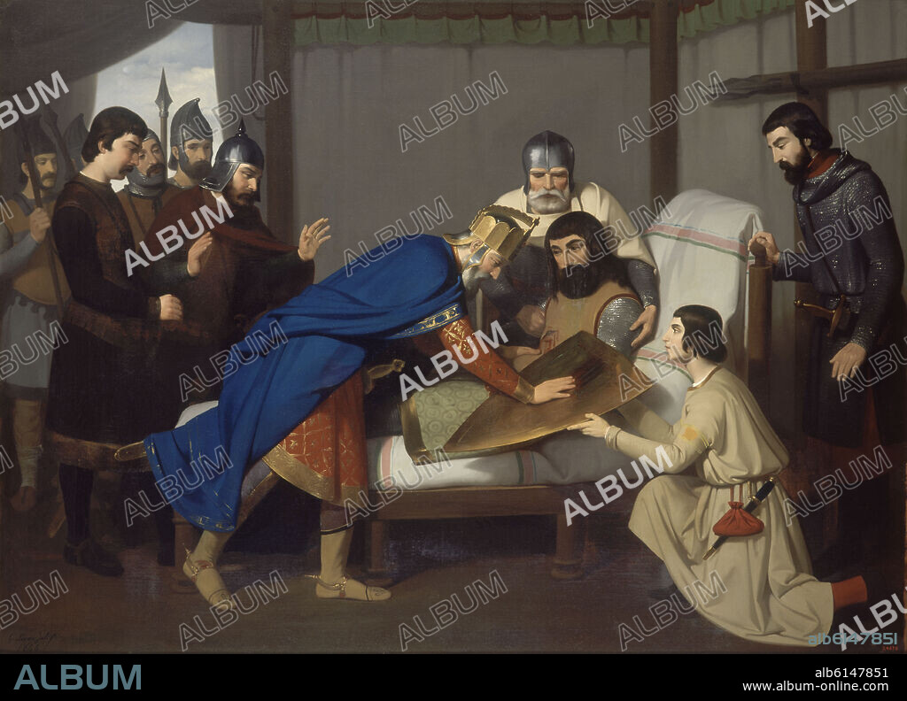CLAUDIO LORENZALE. ORIGEN DEL ESCUDO DE CATALUÑA, MUERTE DEL CONDE GUIFRE EL PILOS,1843. CARLOS EL CALVO MARCA CON SUS DEDOS ENSANGRENTADOS EL ESCUDO DE GUIFRE.