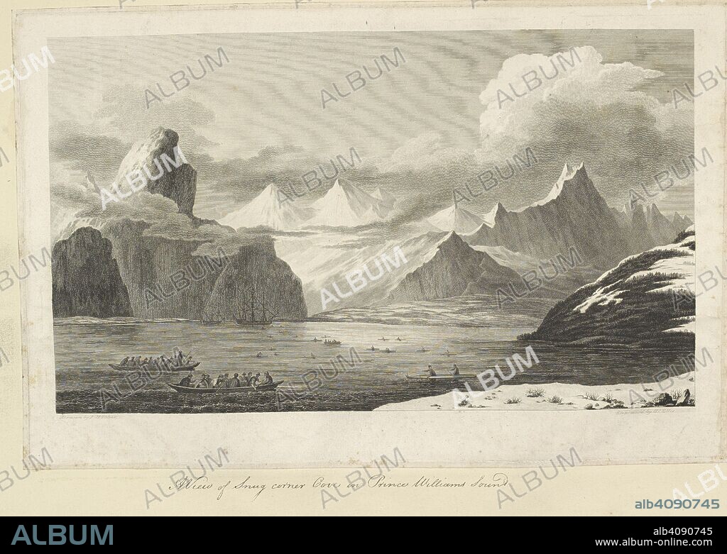 View of Snug Corner Cove in Prince William's Sound. Drawn by John Webber and engraved by William Ellis. The Resolution and Discovery shown in the Sound, with towering ice-covered cliffs on either side. Two large canoes crowded with natives are approaching the two ships from the left. At right a kayak holding two, and in the distance, closer to the ships, others, with single oarsmen. . A collection of drawings by A. Buchan, S. Parkinson, and J. F. Miller, made in the Countries visited by Captain James Cook in his First Voyage [1768-1771], also of prints published in John Hawksworth's Voyages of Biron [Byron], Wallis, and Cook [1773], as well as in Cook's second and third Voyages [1772-1775, 1776-1780]. 1768-1780. Captain Cook's third voyage. Source: Add.23921 f.88.