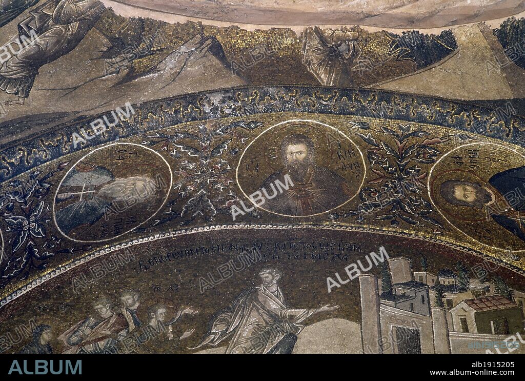 ARTE BIZANTINO. TURQUIA. IGLESIA DE SAN SALVADOR EN CHORA o KARIYE CAMII. Detalle de uno de los mosaicos que decoran el interior de la iglesia, con la representación de TRES DOCTORES DE LA LEY. ESTAMBUL.
