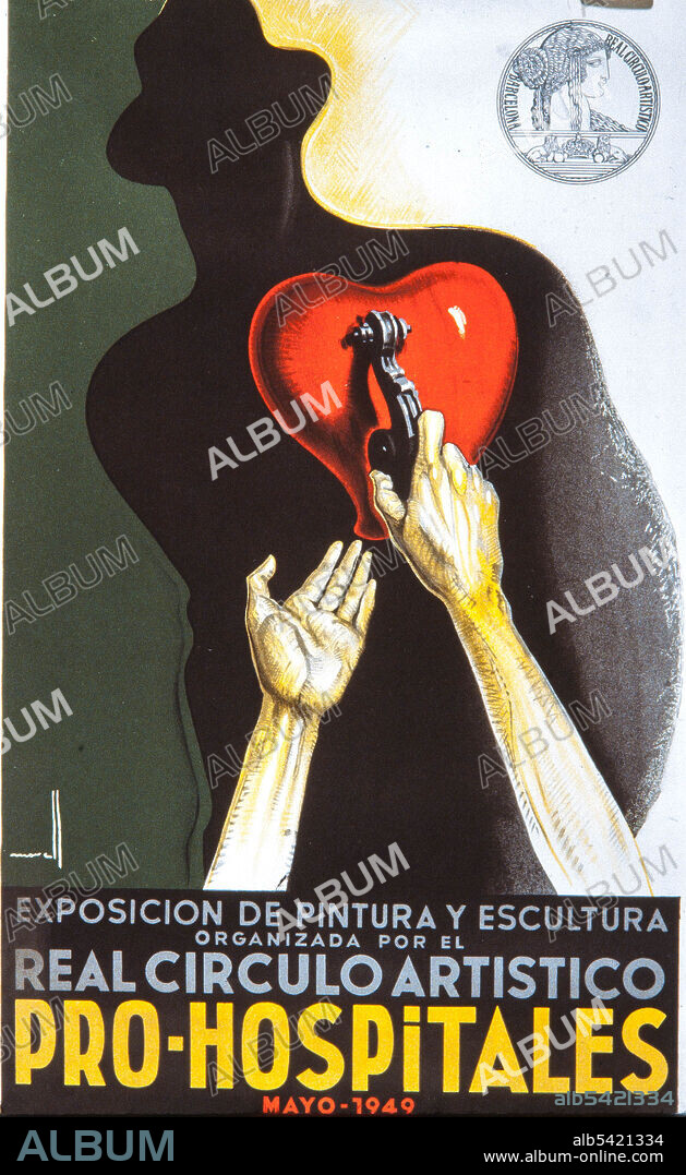 Cartel de Josep Morell, 'Exposición de Pintura y Escultura, Organizada por el Real Círculo Artístico, Pro-Hospitales, mayo 1949'. Colección privada.