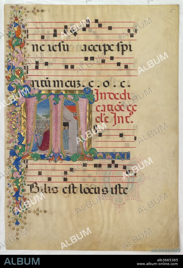 Manuscript Leaf with the Dedication of a Church in an Initial T, from a Gradual. Artist: Mariano del Buono (Italian, 1433-1504). Culture: Italian. Dimensions: Overall: 28 3/16 x 20 in. (71.6 x 50.8 cm)
Illumination: 8 1/8 x 8 1/8 in. (20.7 x 20.7 cm)
Stave Ht: 2 1/16 in. (5.3 cm)
Stave interspace: 1 15/16 in. (5 cm)
Mat size: 34 3/16 x 27 3/16 in. (86.9 x 69.1 cm). Date: second half 15th century.
A prolific artist, Mariano del Buono's commissions include sacred books for both Christian and Jewish use. His painting on this large parchment leaf depicts the arrival of a pope at a church, and signals the beginning of the hymn sung at a special mass for the dedication of a church.