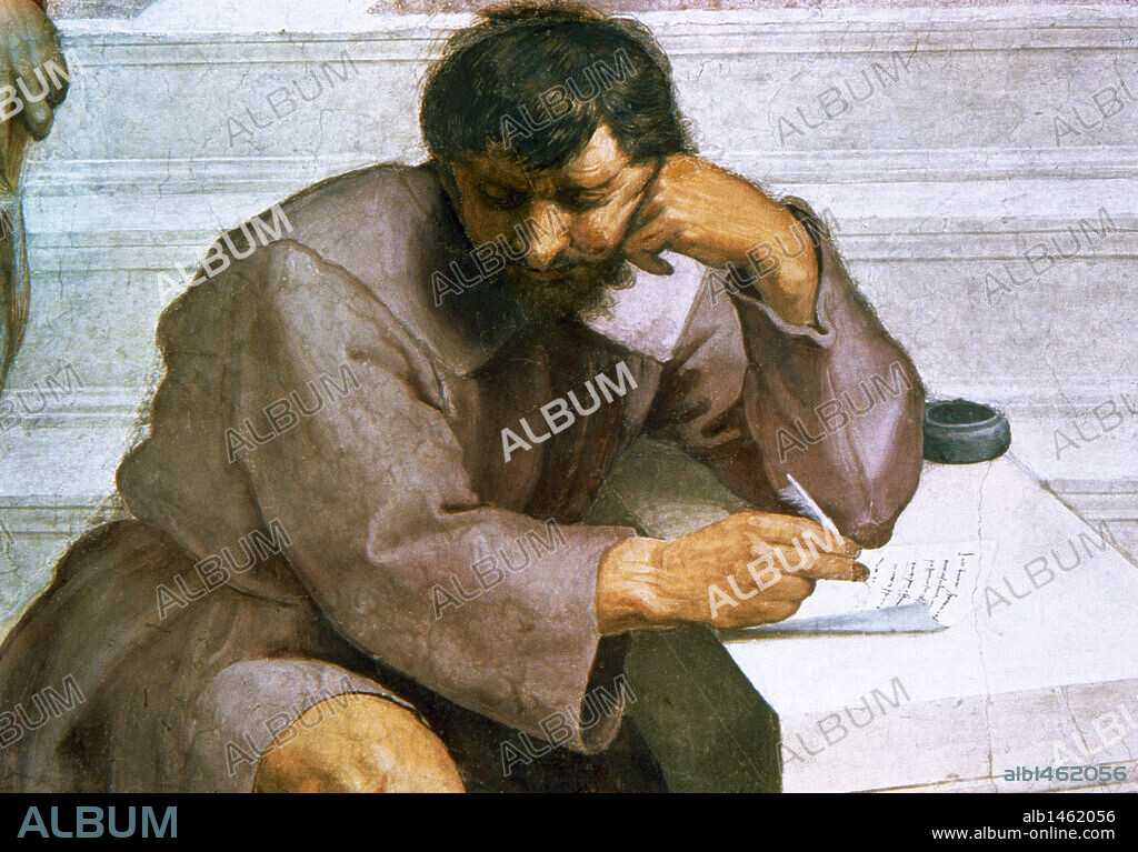Heraclitus of Ephesus (535-475 BC). Pre-socratic Greek philosopher. Heraclitus figured by Michelangelo. Detail of the fresco The School of Athens by Raphael. Raphael's Rooms. Apostolic Palace. Vatican City.