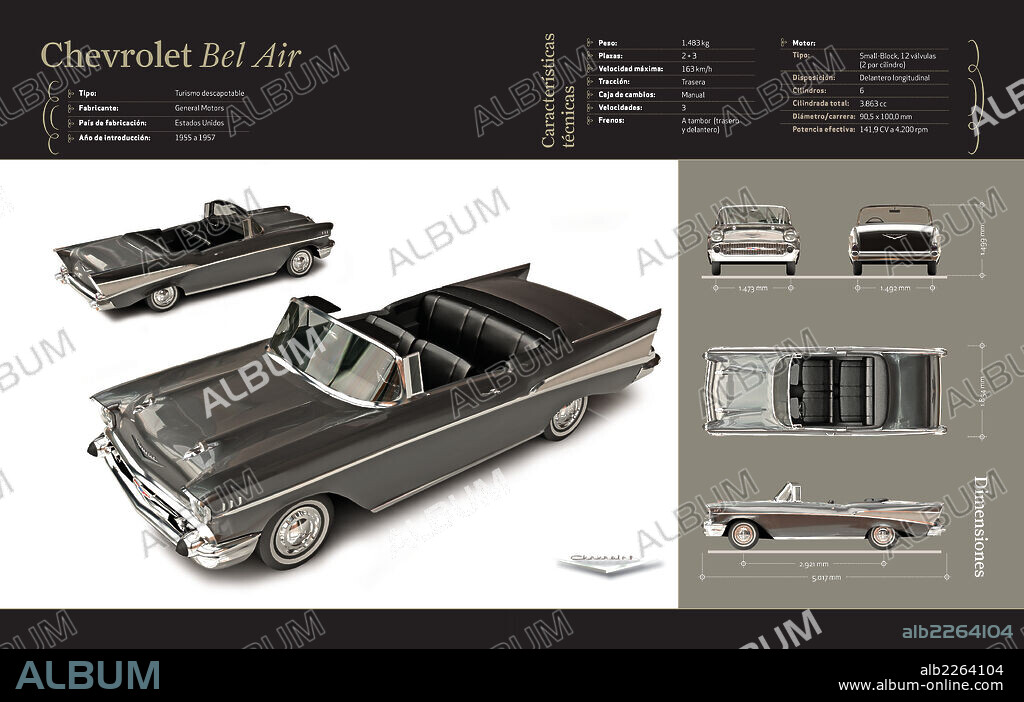 Chevrolet Bel Air. Infografía de las características técnicas y dimensiones del automóvil Chevrolet, modelo Bel Air descapotable (1955).