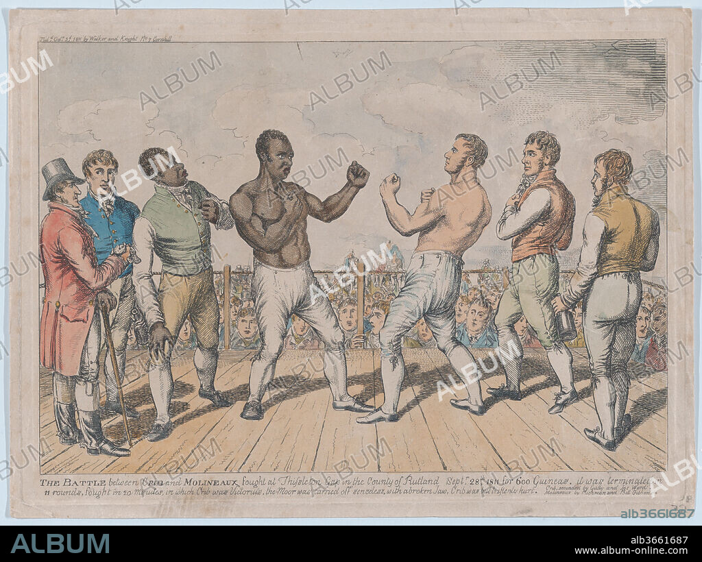 The Battle Between Crib and Molineaux, September 28, 1811. Artist: Attributed to George Cruikshank (British, London 1792-1878 London). Dimensions: Plate: 9 15/16 × 13 7/8 in. (25.3 × 35.2 cm)
Sheet: 10 1/2 × 14 1/8 in. (26.7 × 35.8 cm). Publisher: Walker and Knight, London. Subject: Thomas Cribb (British, 1781-1848); Tom Molineaux (American, 1784-1818). Date: October 3, 1811.
This print represents the final boxing match between Tom Cribb, a leading English pugilist, and Tom Molineaux on September 28, 1811 at Thistleton Gap in Rutland-Molineaux was a former American slave who spent most of his career in Britain and Ireland. He first had fought Crigg for the English title on December 3, 1810 at Shenington Hollow, Oxfordshire, and was defeated after 35 rounds. The return match, seen here, attracted 15,000 spectators. Molineaux hit with great power but was knocked out in the 11th round.