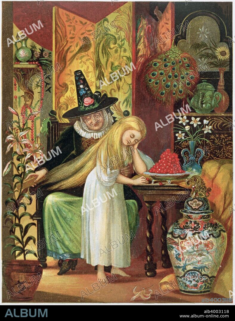 Scene from Hans Christian Andersen's fairy tale, The Snow Queen, 1872. The old witch combing Gerda's hair with a golden comb to cause her to forget her friend.