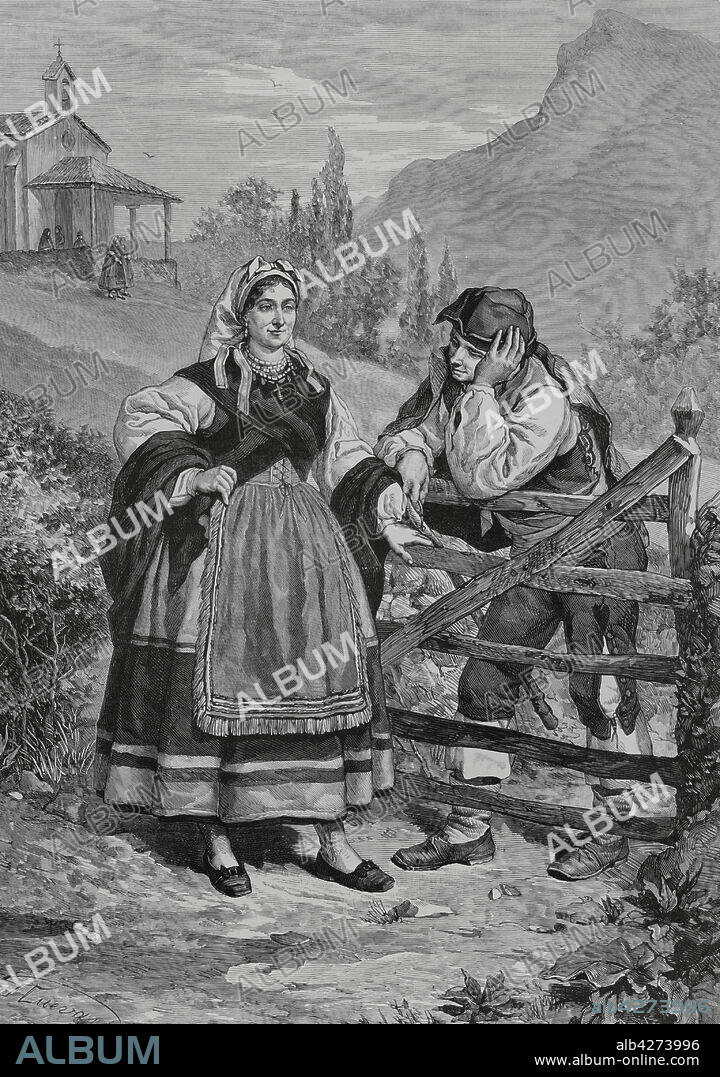 TOMÁS CARLOS CAPUZ (1834-1899). SPANISH ENGRAVER.. España. Asturias. Concejo de Oviedo. Al salir de misa. Composición y dibujo de J. Cuevas. Grabado por Capuz. La Ilustración Española y Americana, 1882.