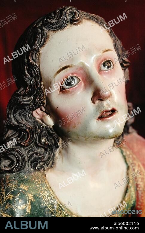 Chili, Manuel (Caspicara); indigenous sculptor, Ecuador. "The Apostle John". multicoloured sculpture, 18th century. San Francisco monastery, Quito, Ecuador. Photo, 1988.