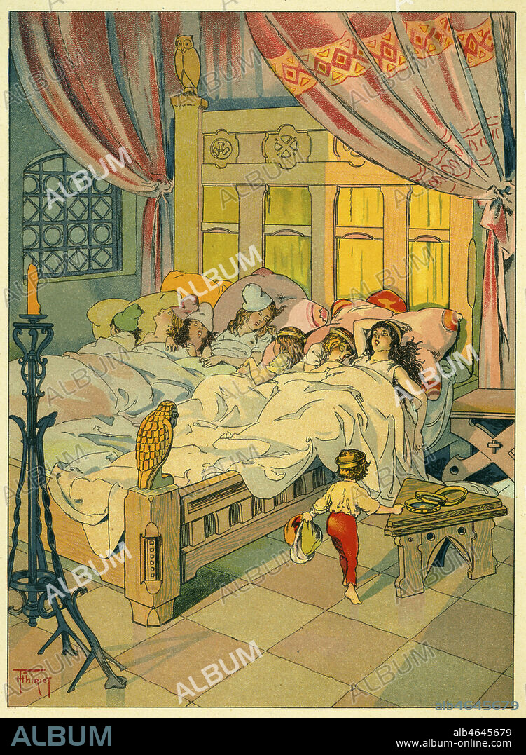 Le Petit Poucet: pendant leur sommeil, Poucet échange les bonnets de ses frères contre les couronnes des filles de l'ogre. Illustration de Henri THIRIET (1873-1946). Credit: Collection Kharbine-Tapabor.
