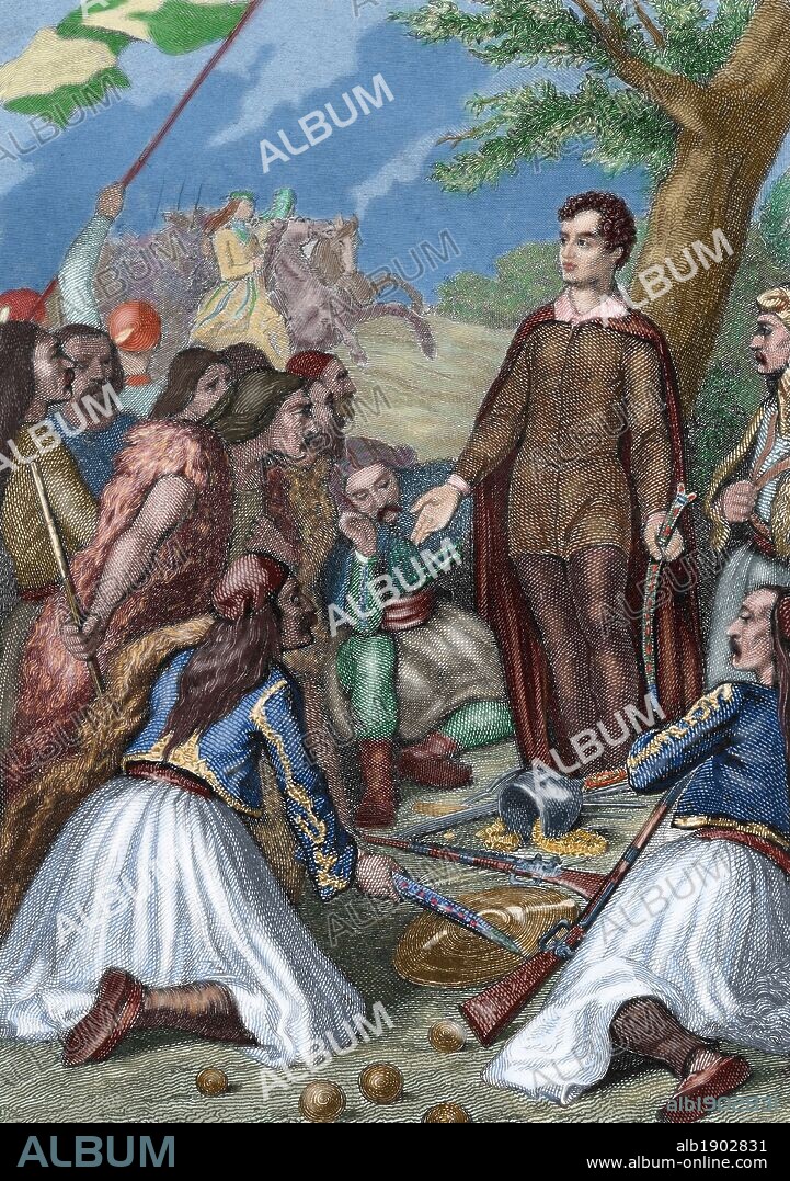 LITERATURA INGLESA. S. XVIII-XIX. BYRON, Lord George GORDON (Londres,1788-Missolonghi,1824). Poeta romántico inglés perteneciente a la segunda generación del romanticismo inglés. "LA PEREGRINACION DE CHILDE HAROLD" (CHILDE HAROLD'S PILGRIMADE). Poema narrativo publicado entre 1812-1818. Grabado coloreado de la obra de una edición de 1850.