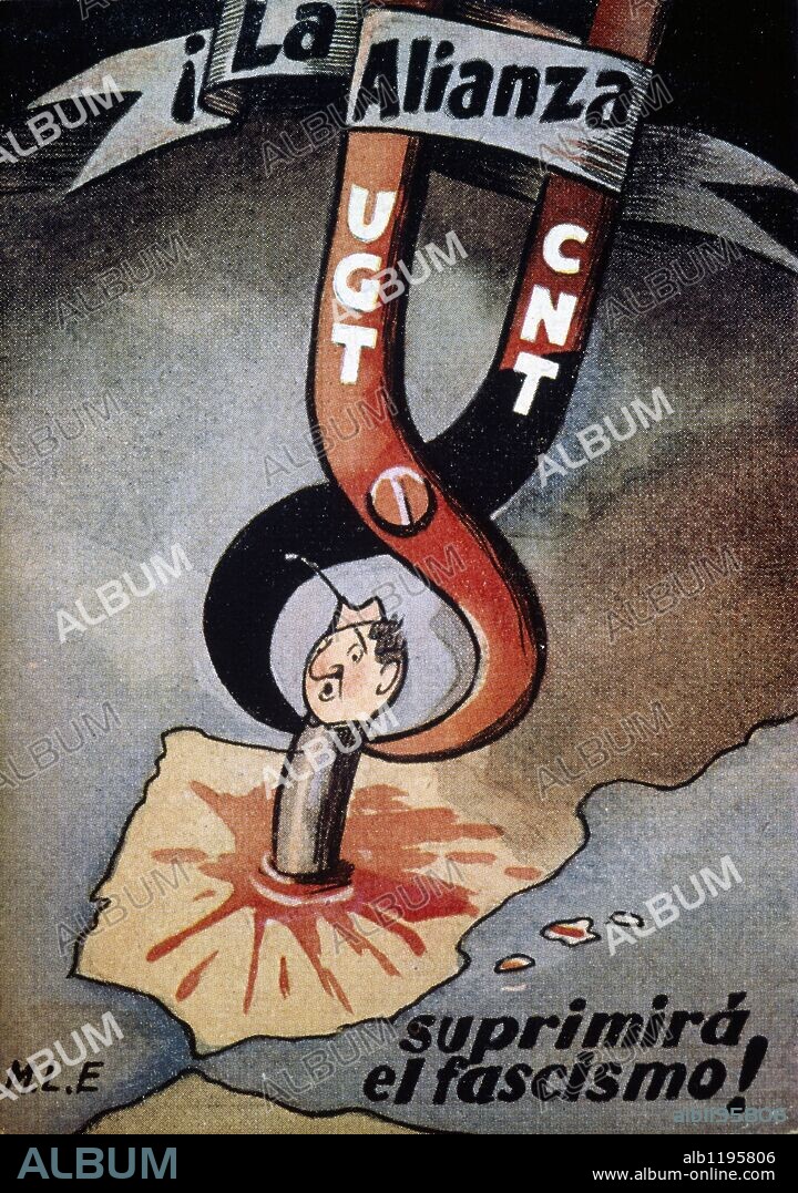 Cartel satírico de la CNT-UGT. Editado en Francia.  Zona Republicana. Año 1937. Guerra civil 1936-1939.