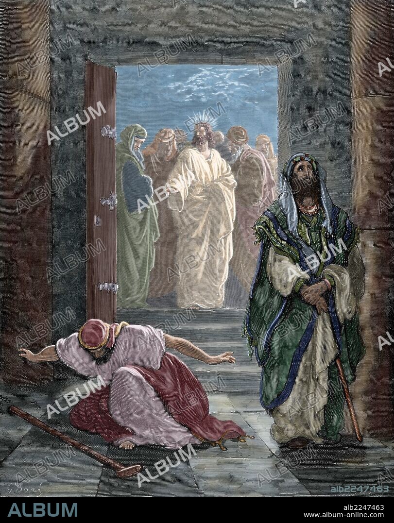 NUEVO TESTAMENTO. JESUS. PARABOLA DEL " FARISEO Y EL PUBLICANO", o parábola del fariseo y el cobrador de impuestos. Dibujo de Gustavo Doré. Grabado del siglo XIX. San Lucas. Capítulo XVIII. Versículos 10 al 14. Coloreado.