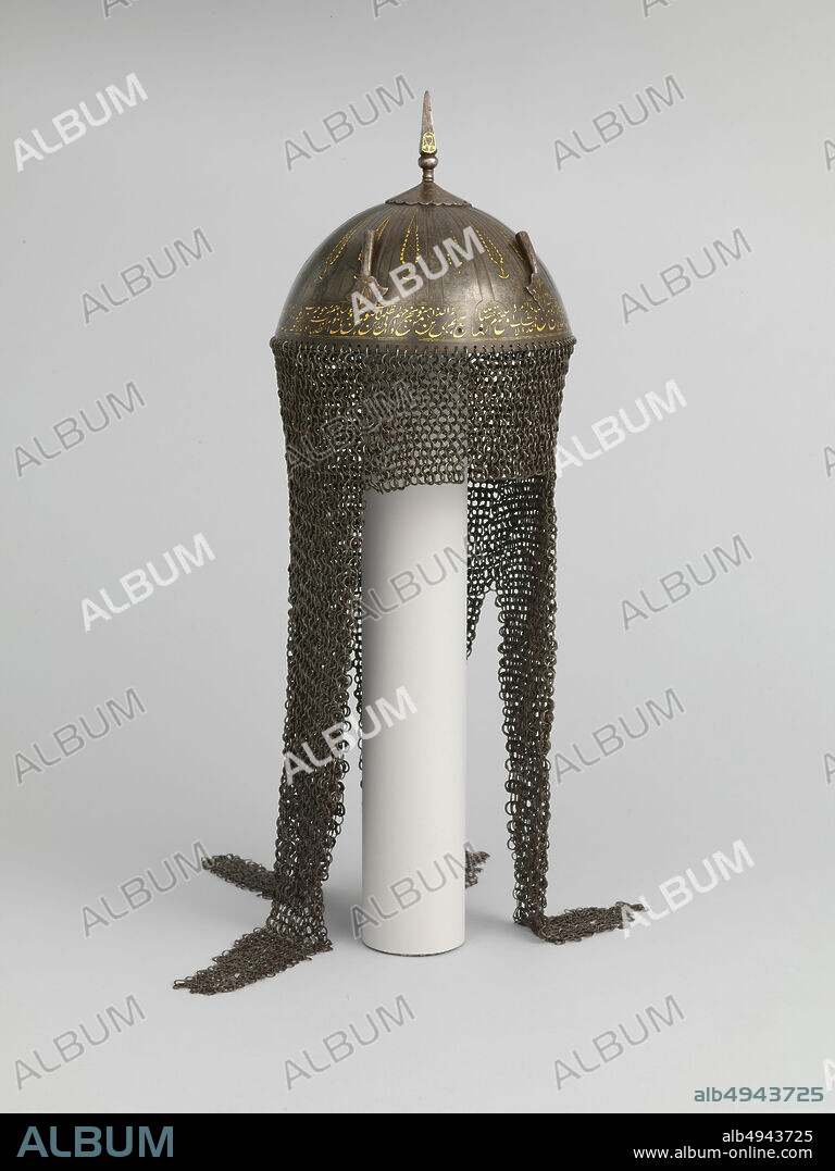 Helmet (Kulah Khud), Persian, 18th19th century, Persian, Steel, gold, H. with mail 28 in. (71.1 cm); H. without mail 6 7/8 in. (17.5 cm); Diam. 8 in. (20.3 cm); Wt. 4 lbs. 10.4 oz. (2109.2 g), Helmets.