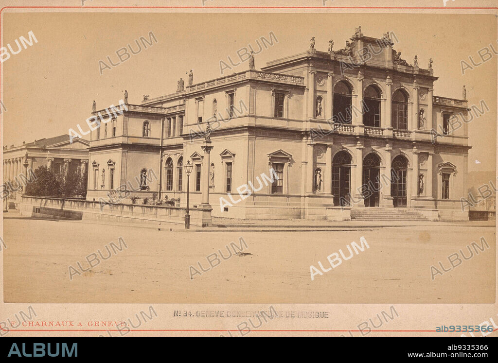 View of the Geneva Conservatory, Geneva Conservatoire de musique (title on object), Florentin Charnaux (mentioned on object), Genève, after 1873 - c. 1890, photographic support, cardboard, albumen print, height 92 mm × width 155 mm.