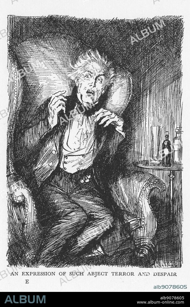 Robert Louis Stevenson 'The Strange Case of Dr Jekyll and Mr Hyde' first published 1886. 'An expression of such abject terror and despair' comes across Dr Jekyll's face in the middle of a conversation with Mr Utterson and Mr Enfield. Illustration by Edmund J Sullivan from an edition published 1928.