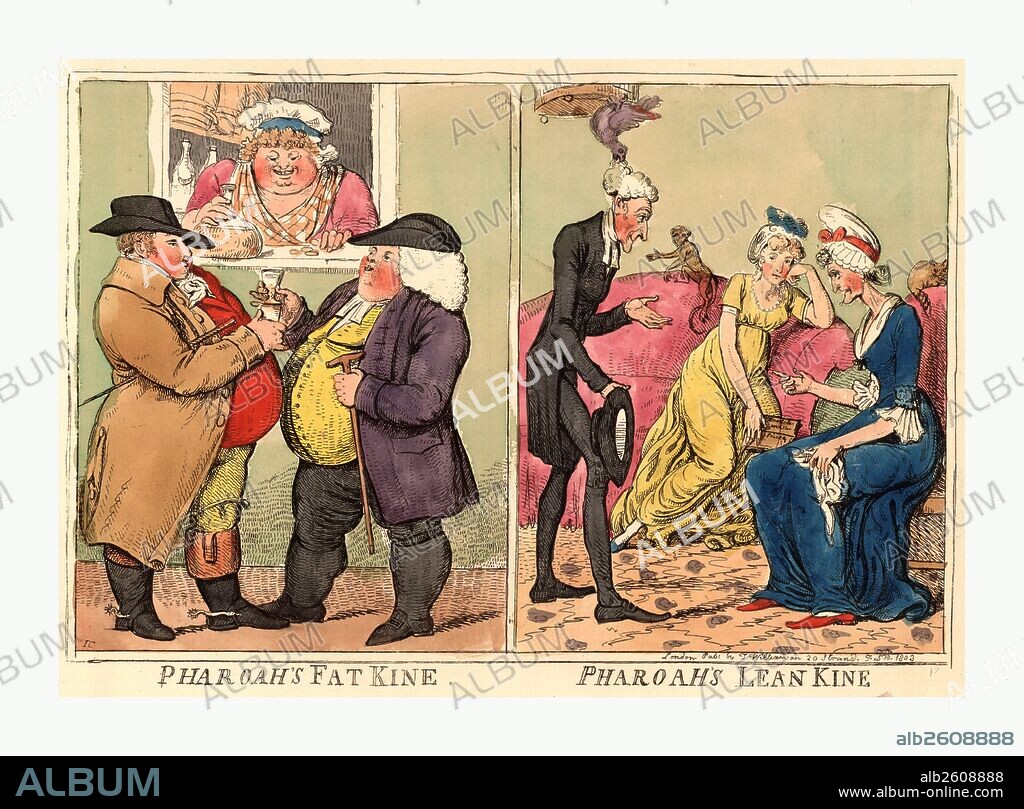 Pharoah's fat kine, pharoah's lean kine, Cruikshank, Isaac, 1756-1811, artist, engraving 1803, on the left, in England, two corpulent, jovial men and an equally rotund woman providing them with drink, possibly sherry, and on the right, in France, two listless, thin, bony women sitting on sofas and an equally emaciated man standing before them, about to lose his wig to a bird on a cage overhead. A contrast between the health of the two nations, in particular, how Napoleon's Egyptian campaign is having an adverse affect on France.