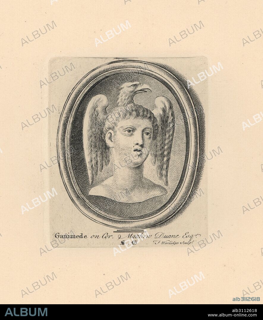 Portrait of Ganymede, Trojan boy kidnapped by Zeus in the form of an eagle, on cornelian from the collection of Matthew Duane. Copperplate engraving by Thomas Worlidge from James Vallentin's One Hundred and Eight Engravings from Antique Gems, 1863.
