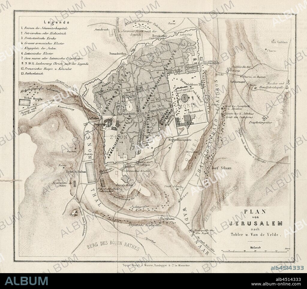 Plan from Jerusalem to Tobler u. Van de Velde, City of Jerusalem and surrounding area, Fig. 1, according to p. 414, Tobler, Titus (inv.); Velde, Charles William Meredith van de (inv.), 1865, Konrad Furrer: Wanderungen durch Palästina. Zürich: Orell Füssli, 1865.