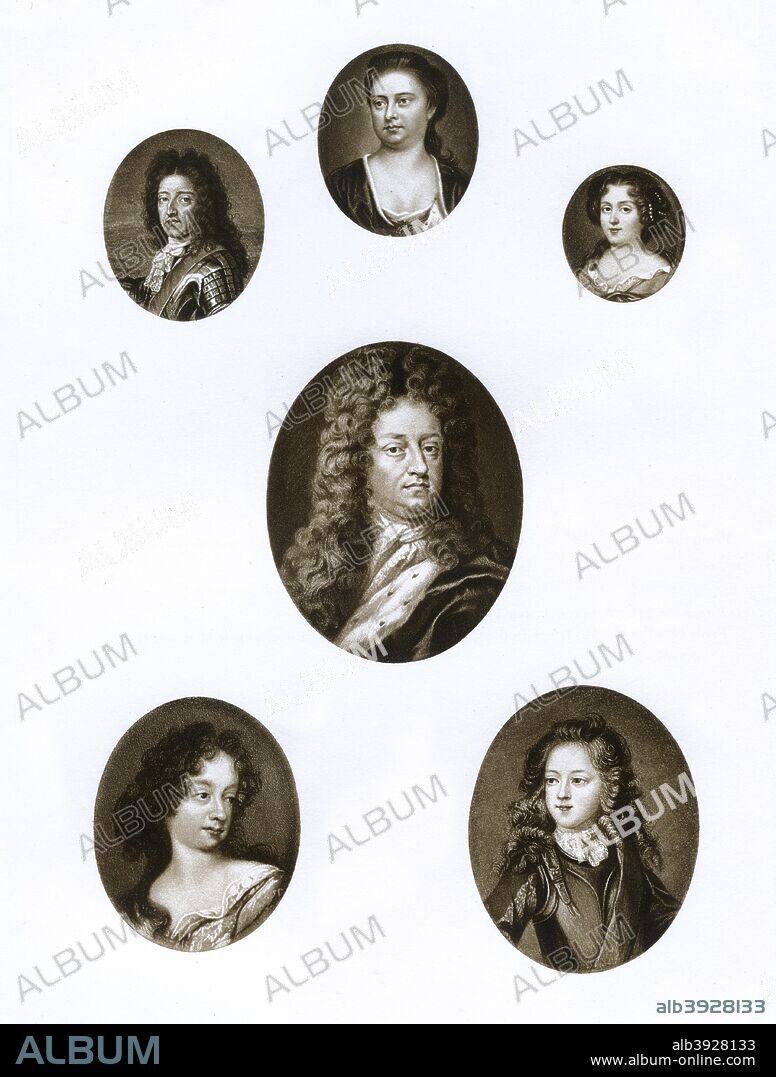Group of royal portraits, late 17th - early 18th century (1906). Queen Anne (enamel by C Boit, 1713), William III (portion of miniature), Mary II (enamel by CF Zincke), George I (by Bernard Lens), Princess Anne (afterwards Queen, from a miniature), Prince James Francis Edward Stuart (from a miniature).