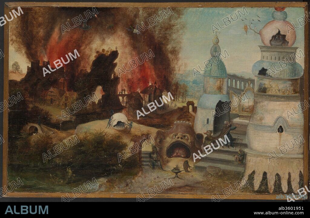 The Temptation of Saint Anthony. Artist: Workshop of Herri met de Bles (Netherlandish, Bouvines 1480?-after 1550). Dimensions: Overall 8 7/8 x 13 3/4 in. (22.5 x 34.9 cm); painted surface 8 1/2 x 13 3/8 in. (21.6 x 34 cm). Date: ca. 1550-60.
Herri met de Bles, of whose life little is known, was the most important Flemish landscape painter after Joachim Patinir. This fine panel (better preserved at the left than at the right) is characteristic of a number of his works that feature catastrophic, fantastic landscapes. Also, Hieronymus Bosch's Lisbon Triptych of the <i>Temptation of Saint Anthony</i> functioned as a source for the panels' Christian iconography and compositional elements. The artist cleverly conflated the style and motifs of Bles and Bosch to satisfy a local and foreign art market demand for small-scale and easily transportable paintings.