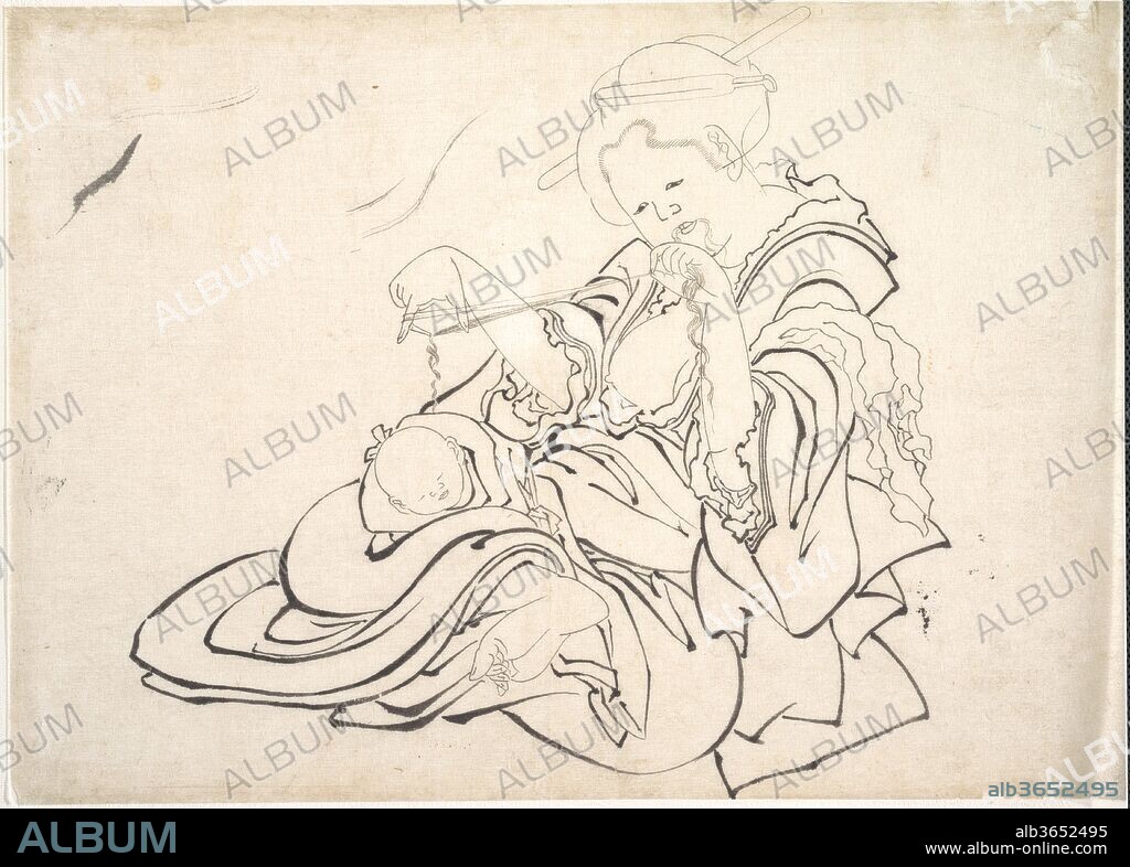 A Woman and Baby. Artist: Katsushika Hokusai (Japanese, Tokyo (Edo) 1760-1849 Tokyo (Edo)). Culture: Japan. Dimensions: H. 10 1/2 in. (26.7 cm); W. 14 3/4 in. (37.5 cm). Date: 1830s.
Hokusai, an artist chiefly known for his landscapes, in this sketch beautifully depicted a mother and child playing cat's cradle. The two figures, absolutely alone, focus only on one another; the intimate emotional relationship between them is tenderly realized.
The body proportions of this woman do not correspond to those fashionable at the time and well represented by Harunobu's delicate, refined ladies or Utamaro's elongated, slender ones.