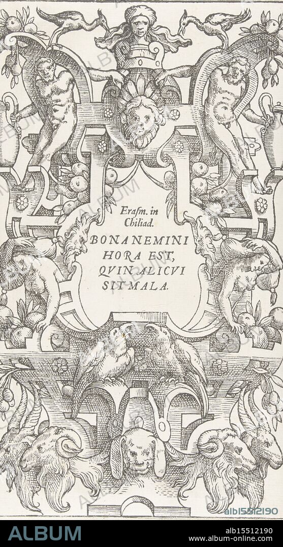 Antwerp, Liefrinck, Hans (I), Netherlands, Floris, Jacob, Varii generis partitionum, Erasm. in, Chiliad., BONA NEMIN, Cartouche with a quotation from Erasmus' Chiliades adagiorum in a frame of scrollwork with mascarons, top right - handwritten, Title and 15 sheets of the series: Varii generis partitionum., print, ornament print, prints, ornament prints, 103, At the top of the scroll are two men, each with a jug. At the bottom hangs a mascaron in the shape of a dog's head. Sheet belongs to 15 sheets with title page from a series of 24 sheets. Woodcuts., height 238 mm, width 138 mm, print maker, printmaker, 1556 - 1556, third quarter 16th century, paper, woodcut, Work conception, 1524 - 1581-06-08, after a design by, Publication (Event), Publication, South Netherlands, 1518 - 1573-02-28, publisher.