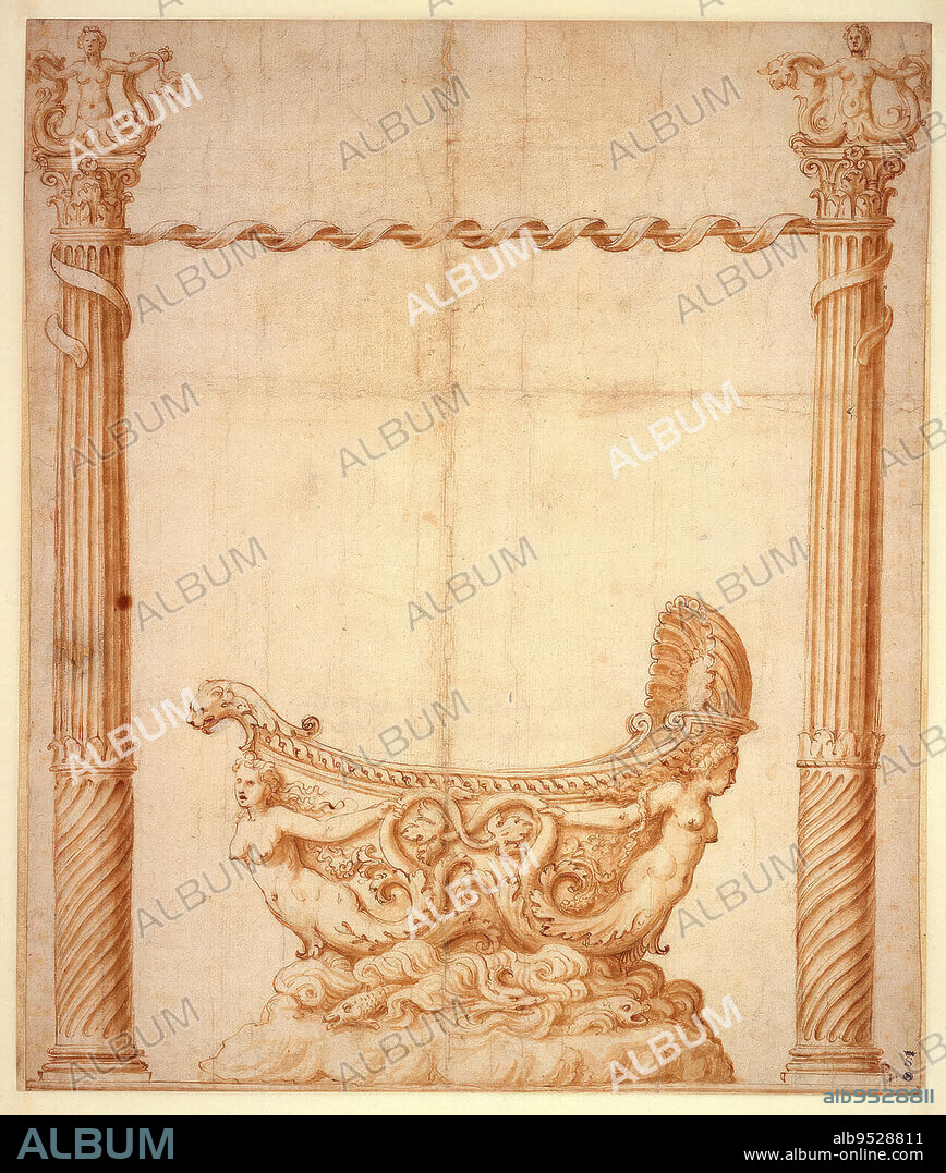 GIULIO ROMANO. A ship-shaped bowl, supported by two mermaids, is surmounted upon a base representing the sea. The bowl is flanked by two high columns with mermaid finials connected to each other by a pole entwined with ribbon. Traces of framing lines are visible at the edges of the sketch. Pen and brown ink, brush and brown wash, black chalk on off-white laid paper. Date: 1533.
