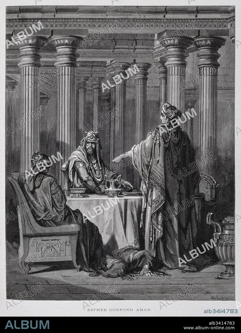 Haman denounced by Queen Esther, Illustration from the Dore Bible 1866. In 1866, the French artist and illustrator Gustave Dore (1832–1883), published a series of 241 wood engravings for a new deluxe edition of the 1843 French translation of the Vulgate Bible, popularly known as the Bible de Tours. This new edition was known as La Grande Bible de Tours and its illustrations were immensely successful. Haman (also known as Haman is the main antagonist in the Book of Esther, who, according to the Hebrew Bible, was a vizier in the Persian empire under King Ahasuerus, traditionally identified as Xerxes I. In the story, Haman instigates a plot to kill all of the Jews of ancient Persia. Haman attempts to convince Ahasuerus to order the killing of Mordecai and all the Jews of the lands he ruled. The plot is foiled by Queen Esther, the king's recent wife, who is herself a Jew. Haman is hanged.