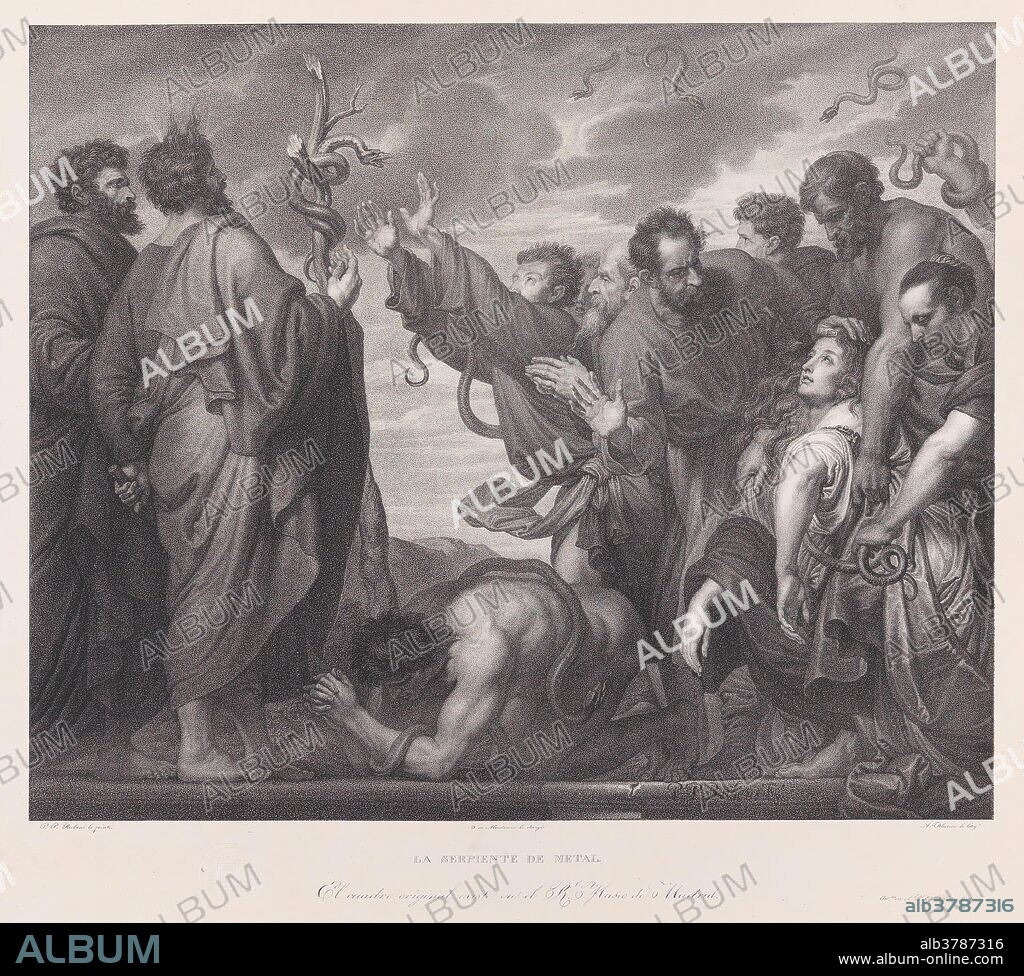 ANTON VAN DYCK, JOSE DE MADRAZO Y AGUDO y ALEJANDRO BLANCO Y ASSENSIO. Alejandro Blanco y Assensio (Litógrafo) (Atribuida la obra original, según inscripciones, a Rubens, Pedro Pablo); Antonio Van Dyck (Autor de la obra original); José de Madrazo y Agudo (Director); Real Establecimiento Litográfico de Madrid (Estampador) / 'La serpiente de metal'. 1832 - 1837. Aguatinta litográfica, Litografía a lápiz, Estampación sobre papel china, Raspador sobre papel avitelado, 480 x 625 mm.