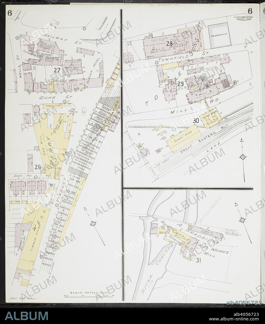 Map of Chelmsford, Essex. Chelmsford, Essex : [fire insurance plans]. London : Chas. E. Goad Limited, 1909. 63x54cm.; Scale [1:480]. 40ft = 1 inch. Source: Maps 149.b.29.(1) Sheet 6.