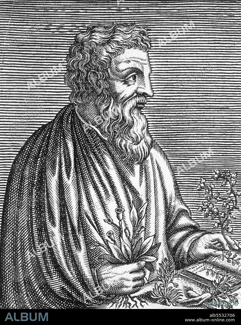 Pedanius Dioscorides (circa 40—90 CE) was a Greek physician, pharmacologist and botanist, the author of a 5-volume encyclopedia about herbal medicine and related medicinal substances (a pharmacopeia), that was widely read for more than a thousand years. A native of Anazarbus, Cilicia, Asia Minor, Dioscorides practiced in Rome at the time of Nero. He was a surgeon with the army of the emperor, so he had the opportunity to travel extensively, seeking medicinal substances (plants and minerals) from all over the Roman and Greek world.