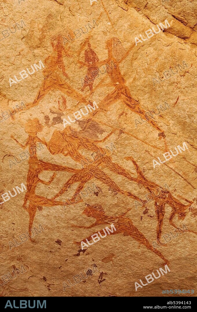 Hunting scene, neolithic rock art of the Tadrart, Tassili n'Ajjer National Park, Unesco World Heritage Site, Algeria, Sahara, North Africa