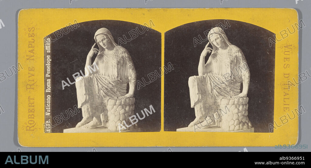 Sculpture of a waiting Penelope in the Vatican Museums, Vaticano Roma Penelope afflita (title on object), Vues d'Italie (series title on object), Roberto Rive (mentioned on object), Vaticaanse Musea, c. 1860 - c. 1880, photographic support, cardboard, albumen print, height 88 mm × width 177 mm.