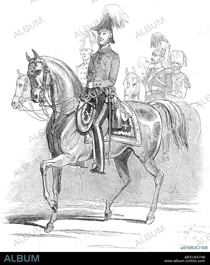 King William II of the Netherlands, 1845. 'Sketch from the Grand Review in Hyde Park [in London]...His Majesty the King of the Netherlands and a numerous suite of general officers reviewed the household troops and some other regiments...the King...was on horseback, and attired in the uniform of a Field Marshal of the British army...As his Majesty entered the gates of the park, the Artillery fired a Royal salute of 21 guns, and on the King appearing before the troops, the bands ot all the regiments played the Dutch national air, "Wilhelm Van Nassau", and, afterwards, " God save the Queen". The firing was most precise as regarded time, and we understand that his Majesty expressed his admiration of the beautiful and noble appearance of all the regiments on the ground...As the King left the park another Royal salute was fired by the Artillery'.  From "Illustrated London News", 1845, Vol VII.