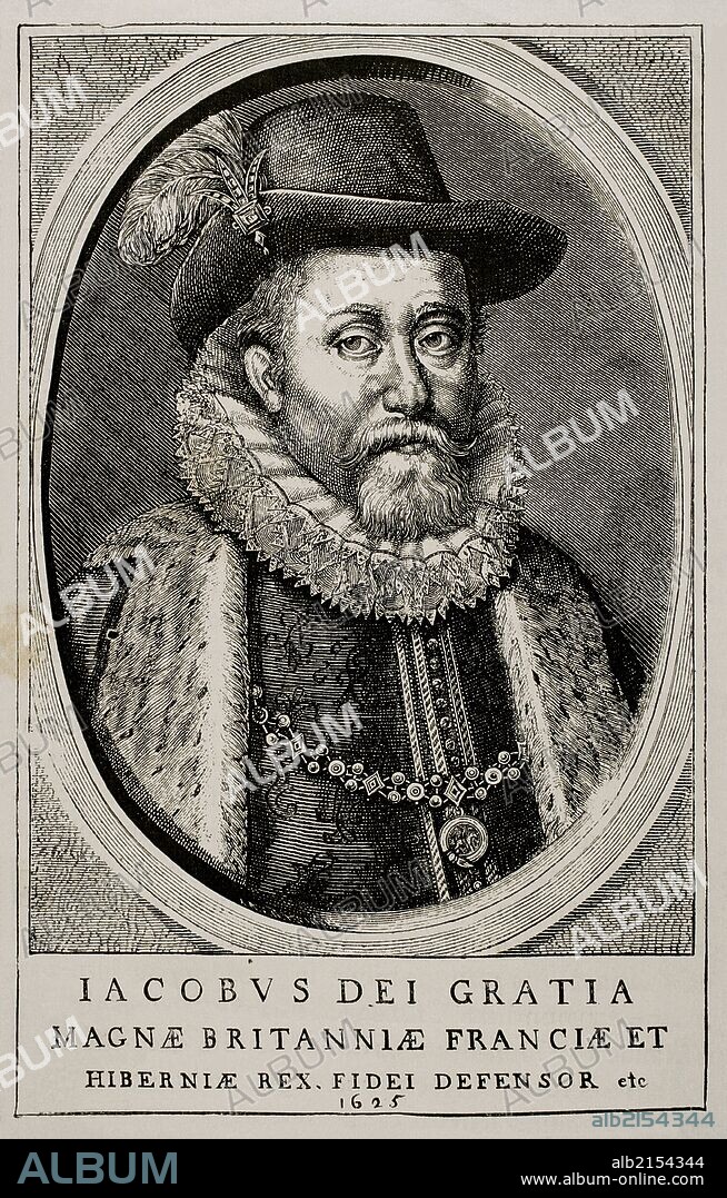 Jacobo Carlos Estuardo (1566-1625). Rey de Escocia como Jacobo VI desde el 24 de julio de 1567 hasta su muerte, y rey de Inglaterra e Irlanda como Jacobo I desde el 24 de marzo de 1603 hasta su muerte. Copia e un grabado de época.