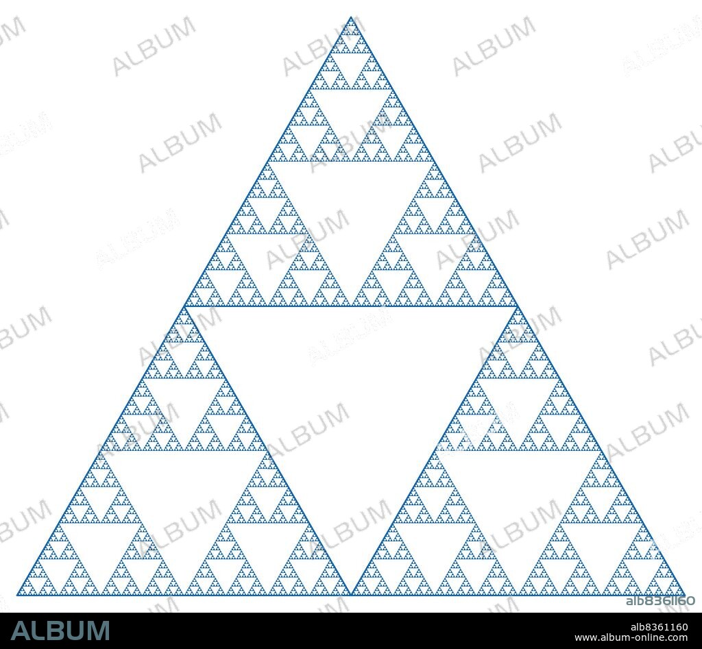 A Sierpinski gasket is made by dividing an equilateral triangle into four, removing the middle one, and repeating the pattern.