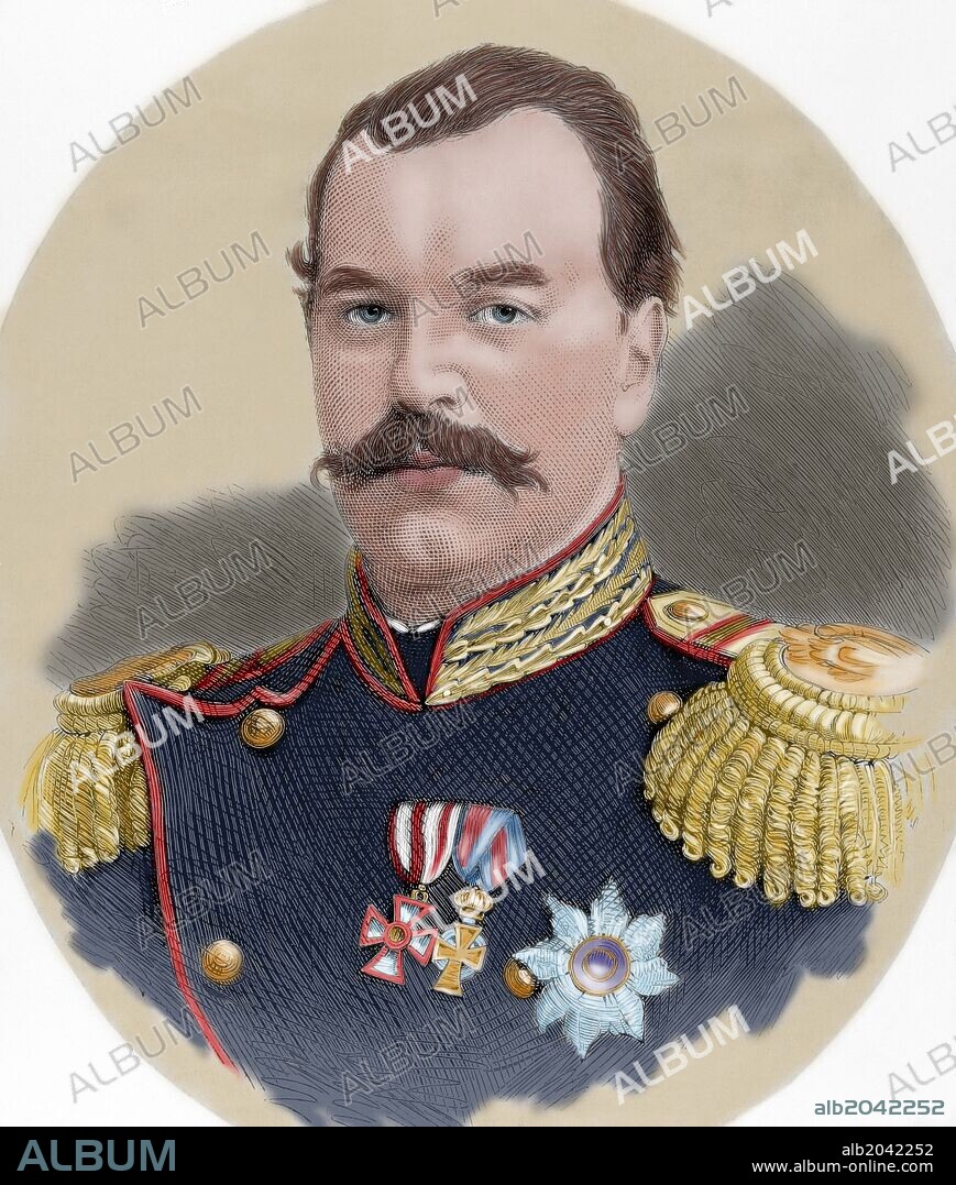 Alexander Alexandrovich (1845-1894), Conocido históricamente como Alexander III o el Pacificador. Emperador de Rusia, Rey de Polonia y Gran Príncipe de Finlandia, del 1881 a 1894. Grabado colorerado de "La Ilustración Española y Americana, año 1877".