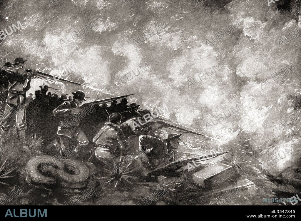 Night attack on United States marines at The Battle of Guantánamo Bay, Cuba June 6-10, 1898, during the Spanish–American War. From The History of Our Country, published 1900.